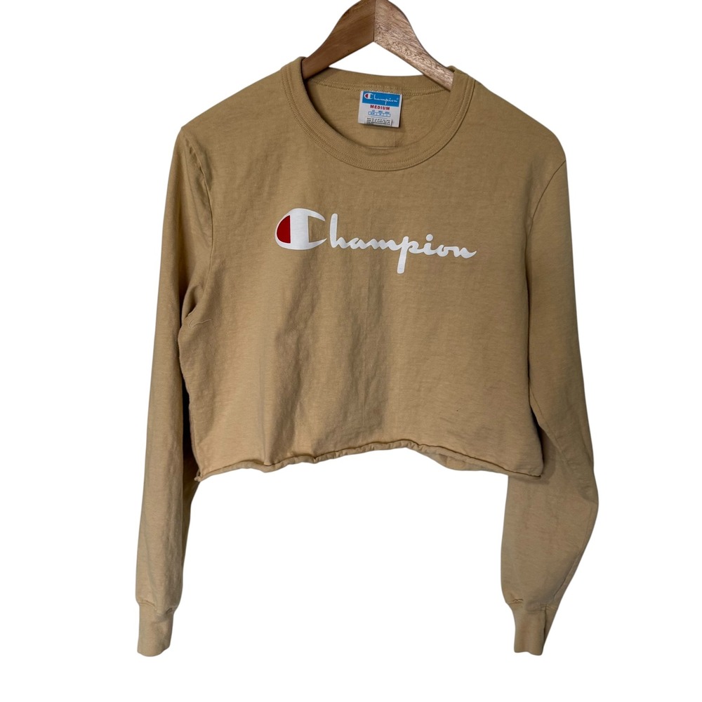Champion Cropped Long Sleeve T-Shirt Women Medium Tan Script Logo Excellent